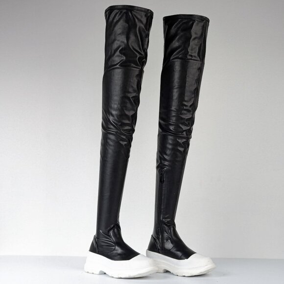 Azalea Wang Wmn Way Vegan Leather Stretch Platform Thigh High Festival Boots 7.5 - Picture 1 of 9